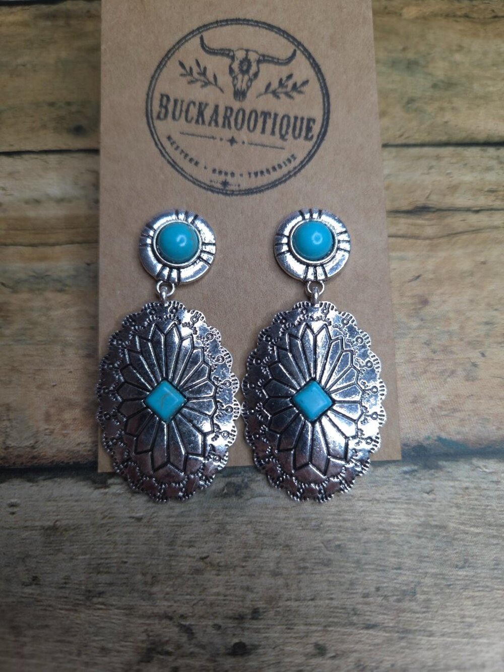 Western Turquoise Concho Drop Earrings Boho Rodeo Silver Statement Jewelry